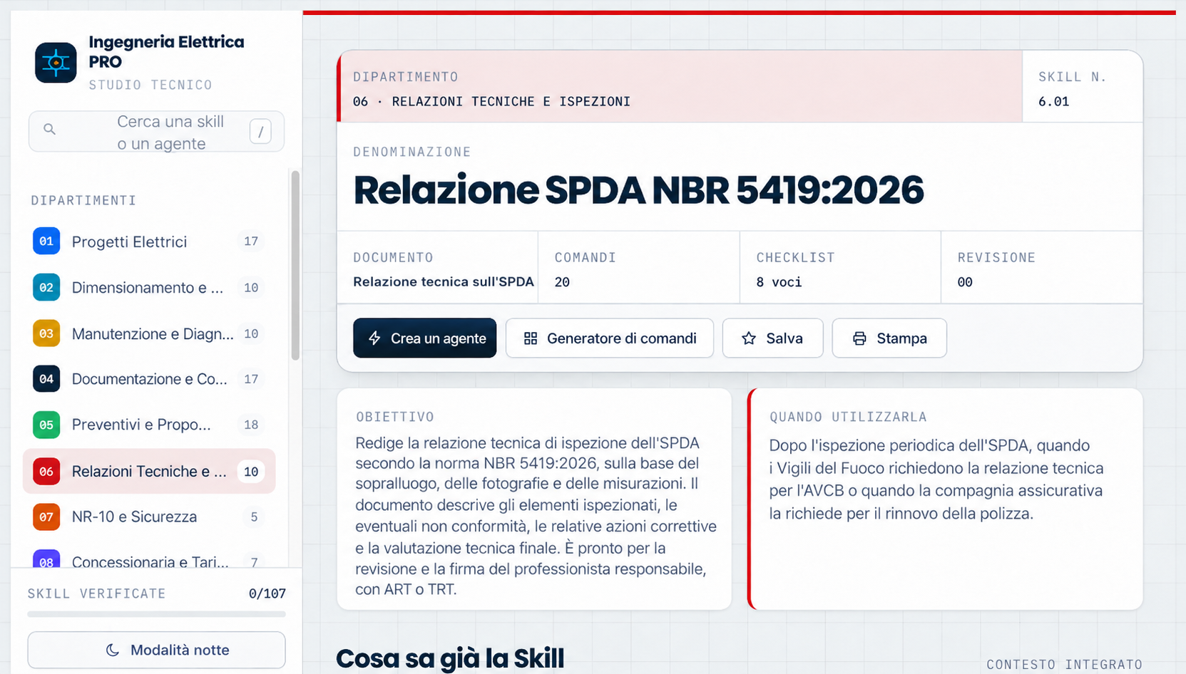 Skill aperta: Relazione SPDA NBR 5419:2026, con 20 comandi e checklist
